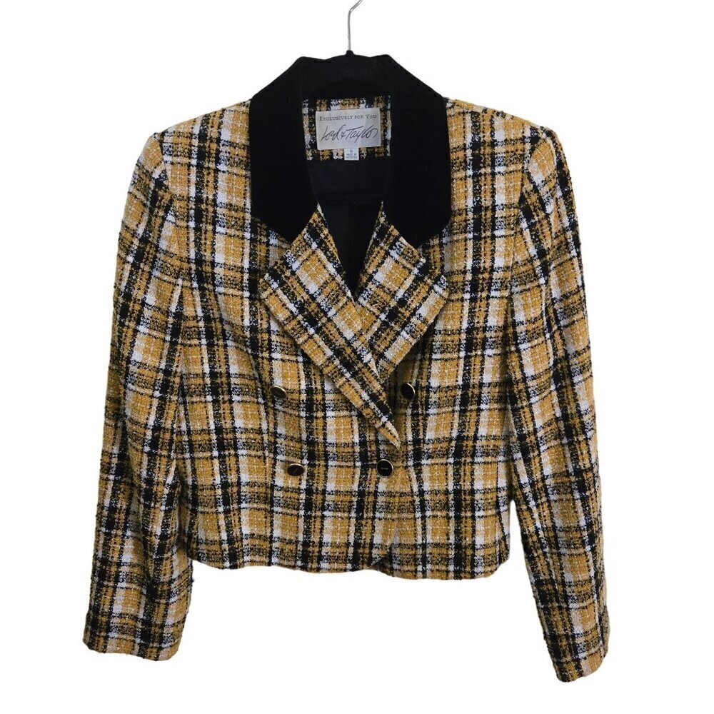 Lord & Taylor Vintage Plaid Double-Breasted Tweed Blazer Jacket Size 8